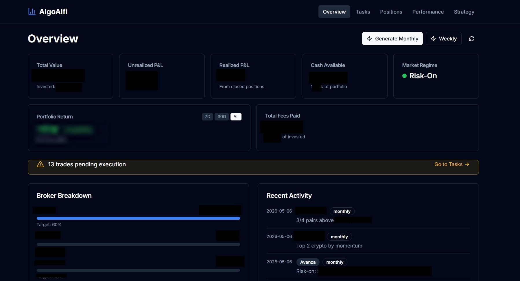 The Monday-morning dashboard, portfolio state, broker breakdown, and the queue of pending trades the system has written for manual execution.