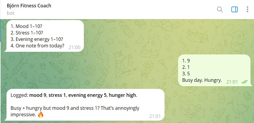 The 21:00 cron-driven evening check-in, four numbered prompts (mood / stress / energy / one note), the user's numbered reply, and Björn's structured ack with *hunger high* derived from the free-text note. The skip-if-already-logged rule means it does not fire twice.