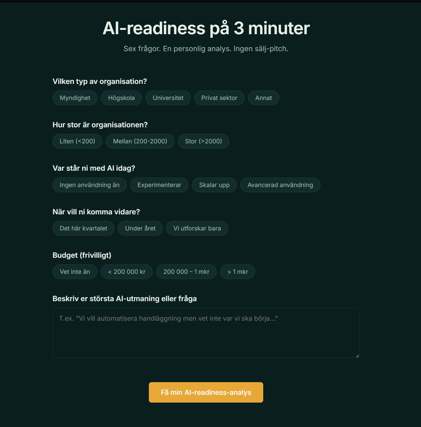 The AI Readiness Assessment, a six-question form that produces a structured score, three concrete next steps, and a recommended consultant match. The top-of-funnel for visitors not yet ready to chat.