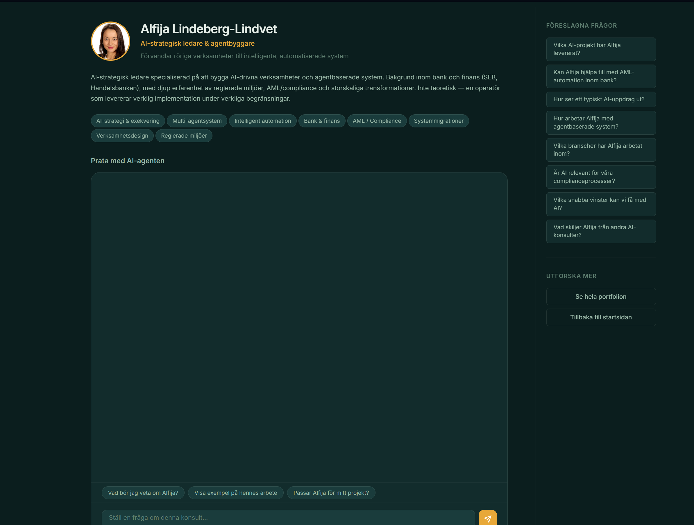 An individual consultant's page, profile, skills, and a chat with that consultant's AI representative. Suggested questions in the sidebar prime visitors who do not know where to start.