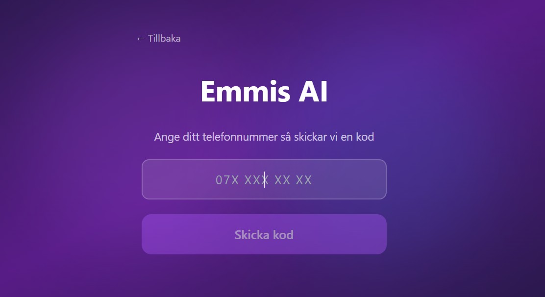 SMS verification, one screen, one field. The user enters their Swedish mobile number, taps *Skicka kod*, and is in once the code arrives. Lower friction than email, no app install, no password to remember.
