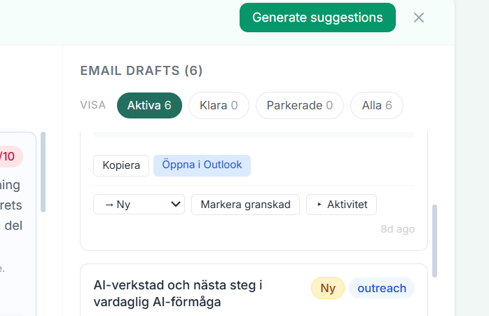 The favourite feature, one click on "Öppna i Outlook" opens the draft directly in the user's inbox, fully customised to recipient and signal, ready to read and send.
